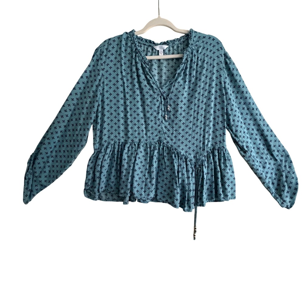 Time and Tru Blue Printed Peplum Top V-Neck Long Sleeve Blouse Large 12-14